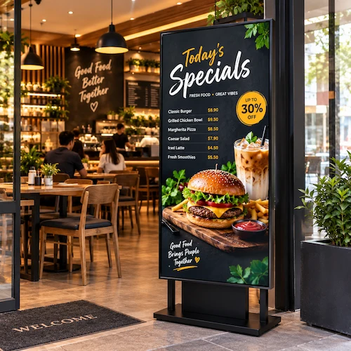 Freestanding LED poster display at a cafe entrance showing a Today’s Specials digital menu
