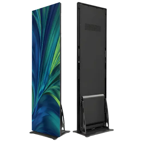 Outdoor floor-standing LED poster display shown from the front and back