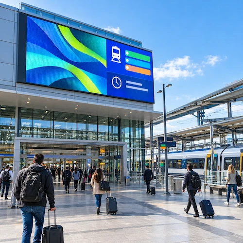 Large outdoor LED screen on a train station building above the entrance