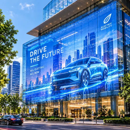 Outdoor transparent LED screen on a glass building showing an electric car advertisement