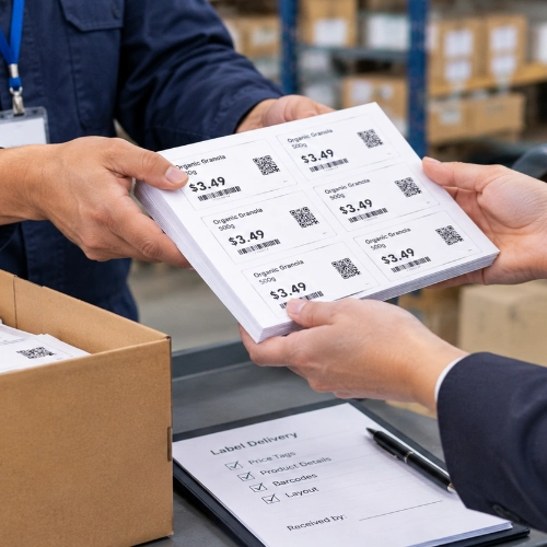 Staff member handing over printed paper price labels