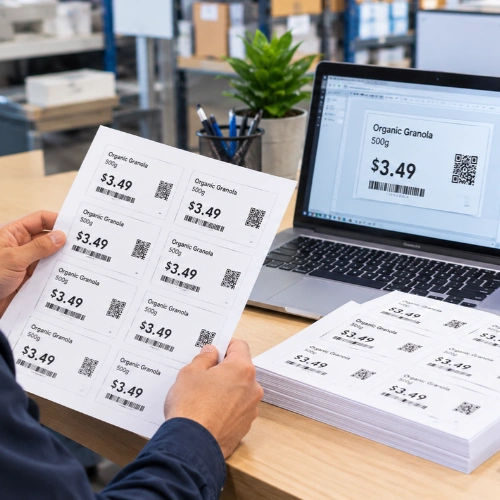 Employee checking printed paper price labels against the price on a laptop screen