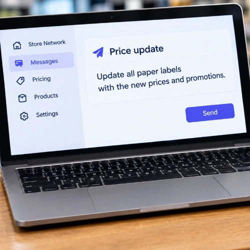 Laptop screen showing a message to update all paper labels with new prices and promotions