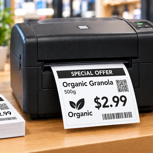 Thermal printer printing a paper shelf label for organic granola