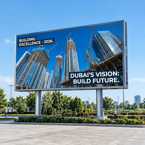 Large pole-mounted outdoor LED billboard in a plaza, showing Dubai skyscrapers.