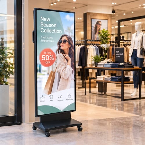 Portable LED poster display on a wheeled stand in a fashion boutique