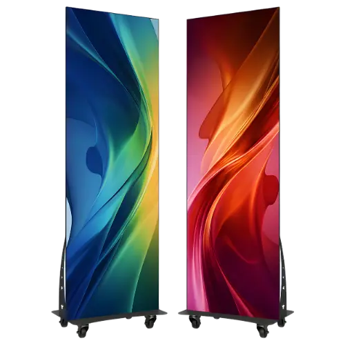 Two portable LED poster displays on movable wheeled stands showing abstract visuals