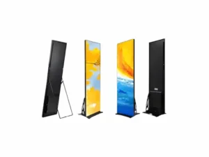 LED poster screen showing a colorful striped pattern.