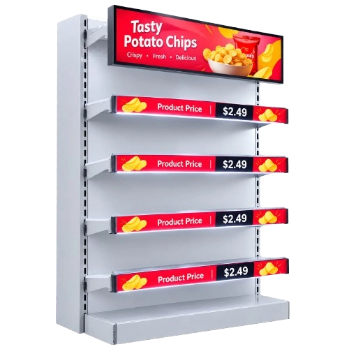 Electronic shelf displays showing product prices on each shelf, with an advertising potato chips