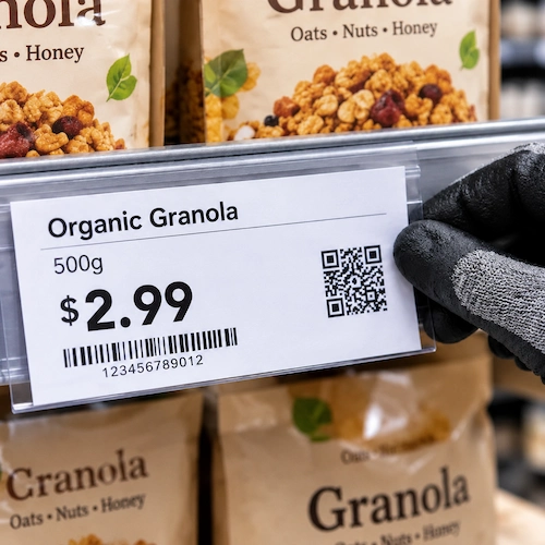 Gloved hand removing an old paper price tag from a retail shelf-edge holder