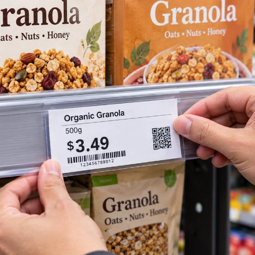 Hands placing a paper price label for organic granola, $3.49, into a shelf-edge holder