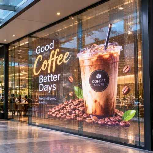 Semi-outdoor transparent LED screen on a shop glass wall showing an iced coffee ad