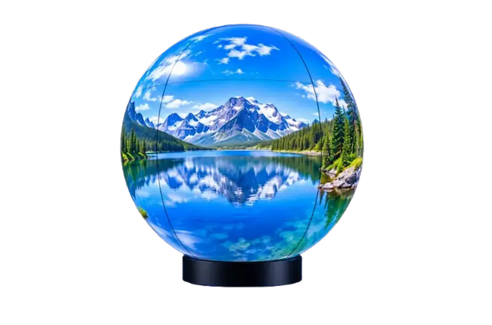 Spherical LED screen on a black base showing a mountain lake landscape