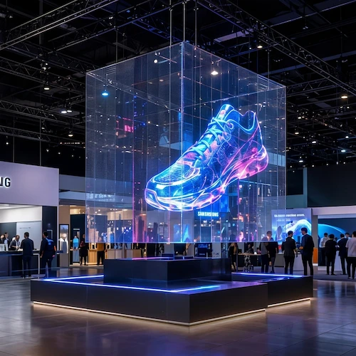 Floating 3D shoe animation on a transparent LED cube display at an exhibition stand