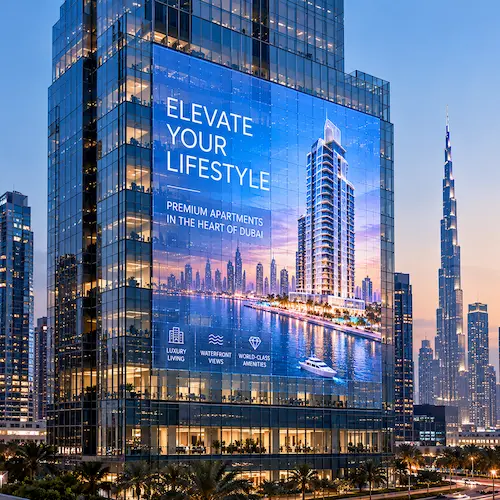 transparent LED media facade on a glass skyscraper in Dubai displaying an apartment ad