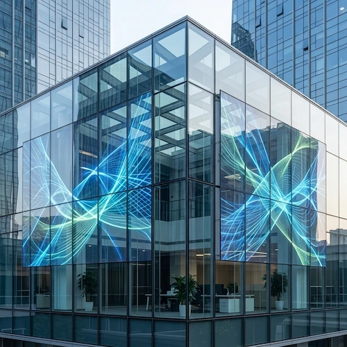 Transparent outdoor LED display on the glass facade of a modern office building corner.