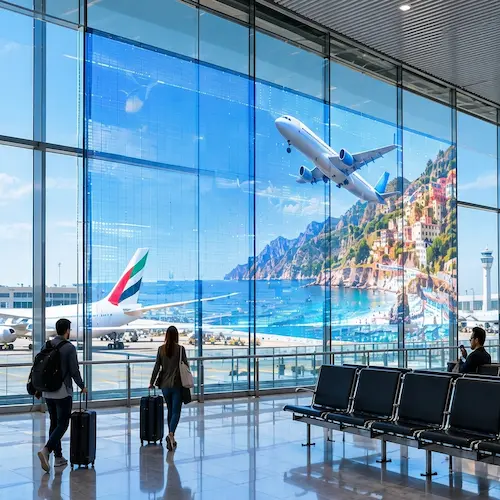 Transparent LED screen on an airport terminal glass wall showing a travel advertisement