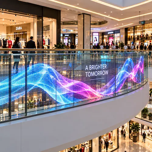 Transparent LED screen on a mall glass balustrade showing a wave animation