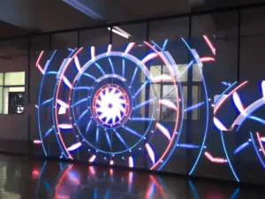 Transparent LED screen installed inside a modern building