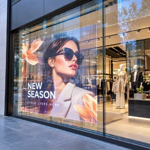Transparent LED screen on a fashion store window showing a New Season ad