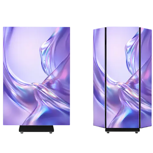 Tri-fold LED poster screen shown flat and folded into a three-sided shape with a purple design