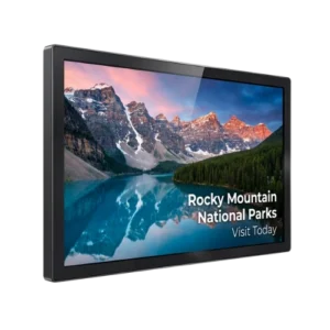Wall mounted LCD display showing a mountain lake landscape