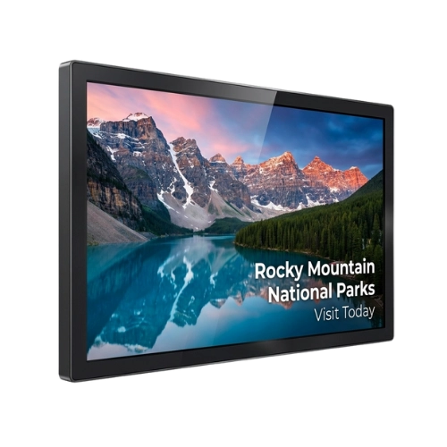 Wall mounted LCD display showing a mountain lake landscape
